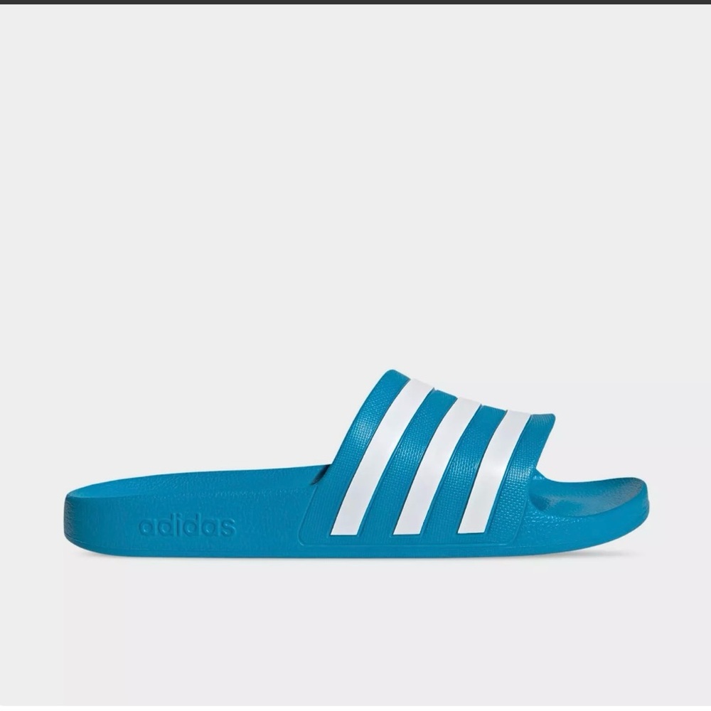 Adidas Aqua Blue Slides with White Stripes